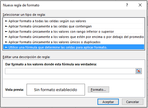 Tipo de Regla para Formato Condicional Resaltar Omisiones en Excel