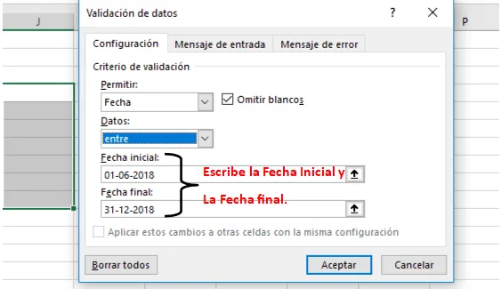 Validacion de Datos entre dos fechas Resaltar fines de semana