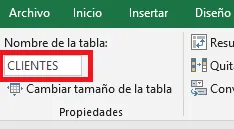 Nombrando la Tabla Clientes Hoja Clientes