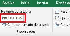 Nombrando la Tabla Productos Hoja Productos