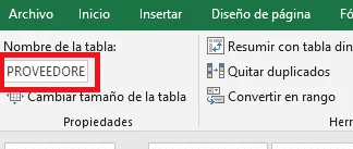 Nombrando la Tabla Proveedores Hoja Proveedores