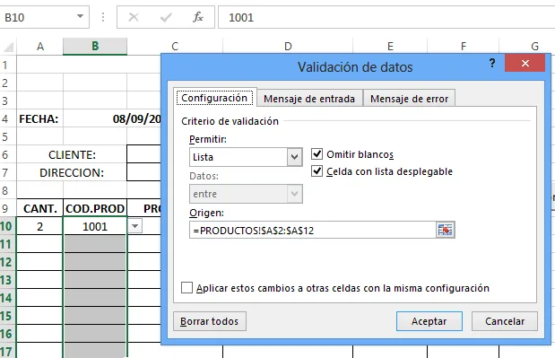 Validando la Columna Codigos en la Hoja Excel Factura.png Sistema de Facturación en Excel 2