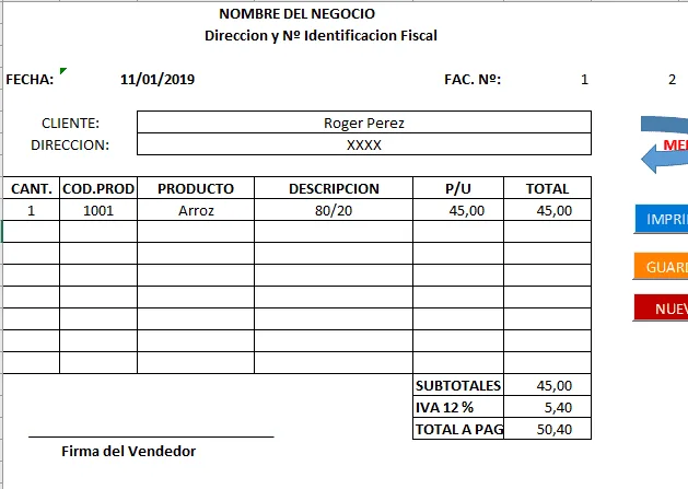 Formulario de Fatura de venta Hoja venta de tu app fi