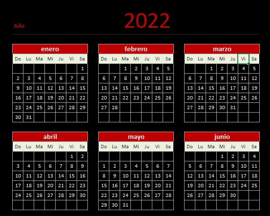 Calendario 2022 en excel Calendario 2022