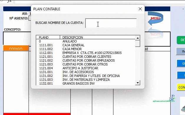 Buscador del Plan de cuentas Version 8.5 del Sistema contable