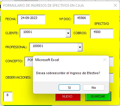 Mensaje de validacion Plantilla Control de Caja