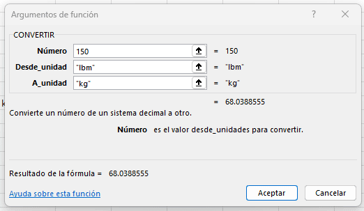 Conversion de Libras a Kilogramos Función convertir en Excel