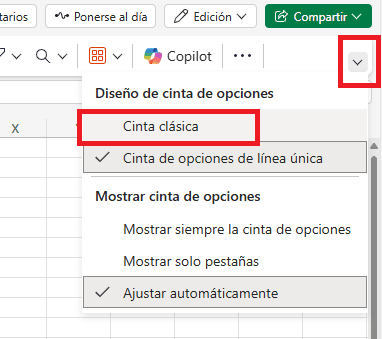 Activando cinta clasica en Excel Online Excel Online