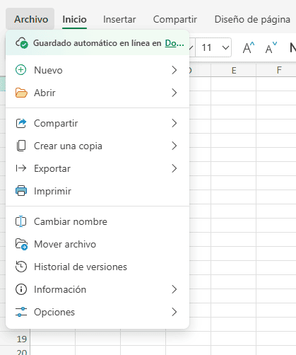 Pestaña Archivo en Excel Online Excel Online