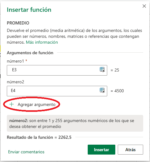 Insertar funciones mas agregar argumentos Excel Online