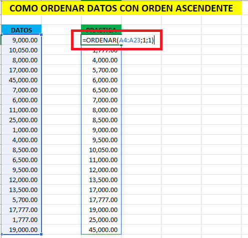Ejemplo orden Ascendente - Funcion ordenar en Excel Ejemplo orden Ascendente - Funcion ordenar en Excel
