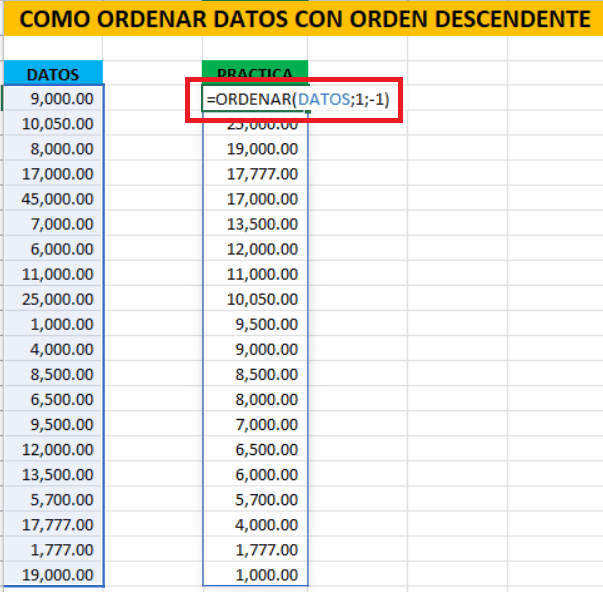 Ejemplo orden Descendente - Funcion ordenar en Excel Ejemplo orden Descendente - Funcion ordenar en Excel
