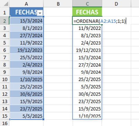Fechas ordenados con la funcion ordenar en Excel Fechas ordenados con la funcion ordenar en Excel