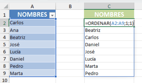 Lista de nombres ordenado con la funcion ordenar de Excel Lista de nombres ordenado con la funcion ordenar en Excel
