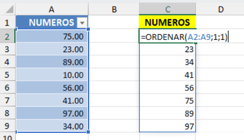 Lista de numeros ordenado con la funcion ordenar de Excel Lista de numeros ordenado con la funcion ordenar en Excel